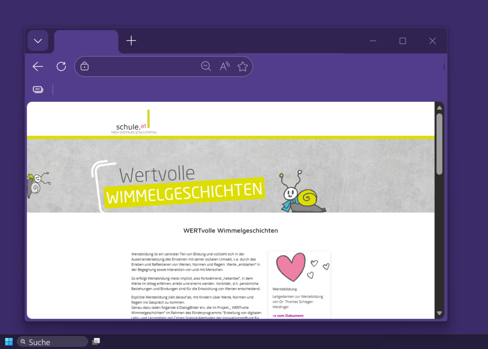 Screenshot von der Hauptseite WERTvolle Wimmelgeschichten