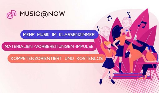 musikalische Grafik mit folgendem Text: Mehr Musik im Klassenzimmer, Materialien, Vorbereitungen, Impulse, kompetenzorientiert und kostenlos