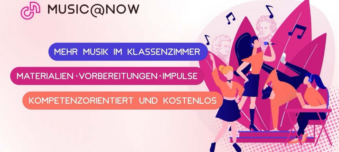 musikalische Grafik mit folgendem Text: Mehr Musik im Klassenzimmer, Materialien, Vorbereitungen, Impulse, kompetenzorientiert und kostenlos
