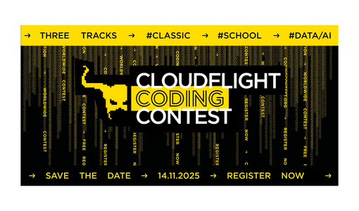 Schwarze und gelbe Grafik mit Text: Cloudflight Coding Contest, Save the Date 14.11.2025, Register Now.