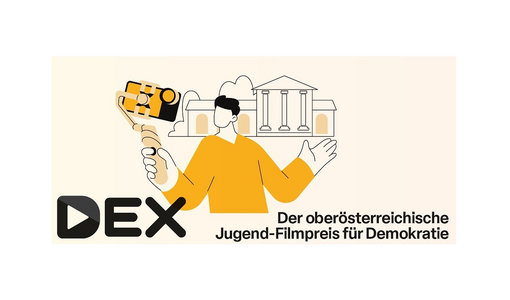 Abstraktes Kunstwerk: Junger Mann filmt vor Regierungsgebäude mit Selfie-Stick. 