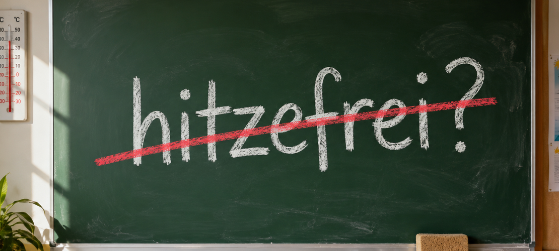Tafel mit Text "hitzefrei?" durchgestrichen