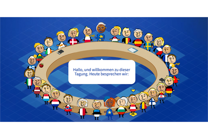 EU-Ratssimulationsspiel mit Comic-Avataren.