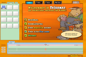 Arbeitsoberfläche des Trixomat Screenshot der Oberfläche des Trixomat: Animationsbühne mit Werkzeugleiste zum Erstellen von Trickfilmen.