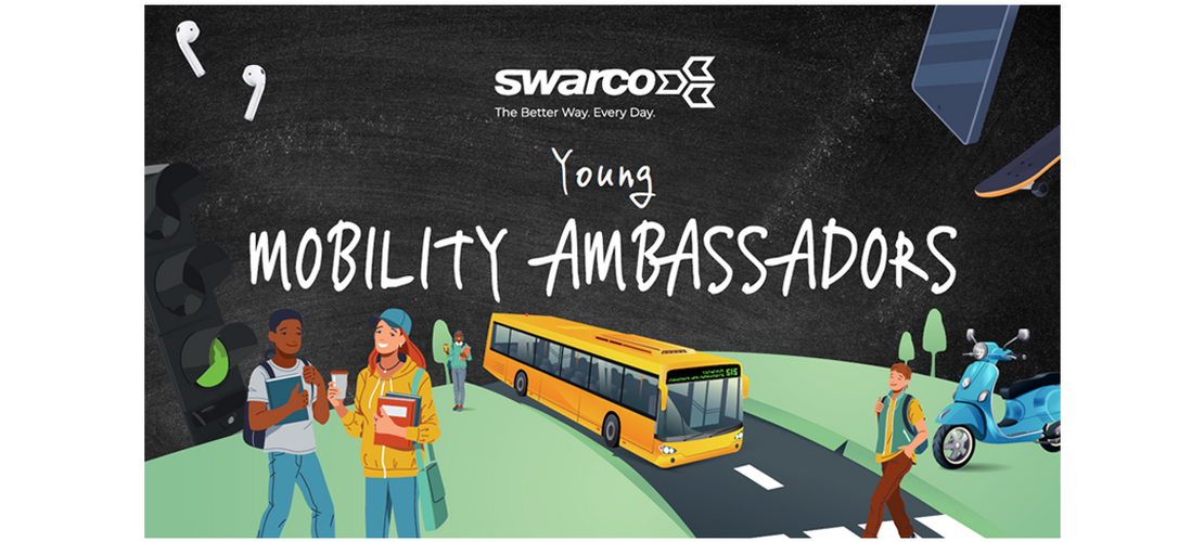 Mehrere gezeichnete Schüler:innen stehen neben einem gelben Bus auf einer Straße vor dunklem Hintergrund mit dem Text „Young Mobility Ambassadors“.