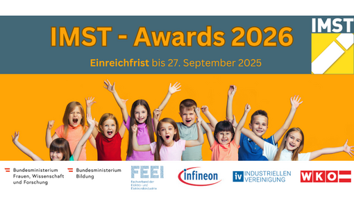Banner zu den IMST Awards 2026 mit jubelnden Kindern vor orangefarbenem Hintergrund sowie Logos der unterstützenden Institutionen und Unternehmen.