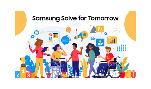 Illustration von Jugendlichen, darunter zwei im Rollstuhl, die gemeinsam Ideen austauschen. Darüber steht der Schriftzug Solve For Tomorrow.