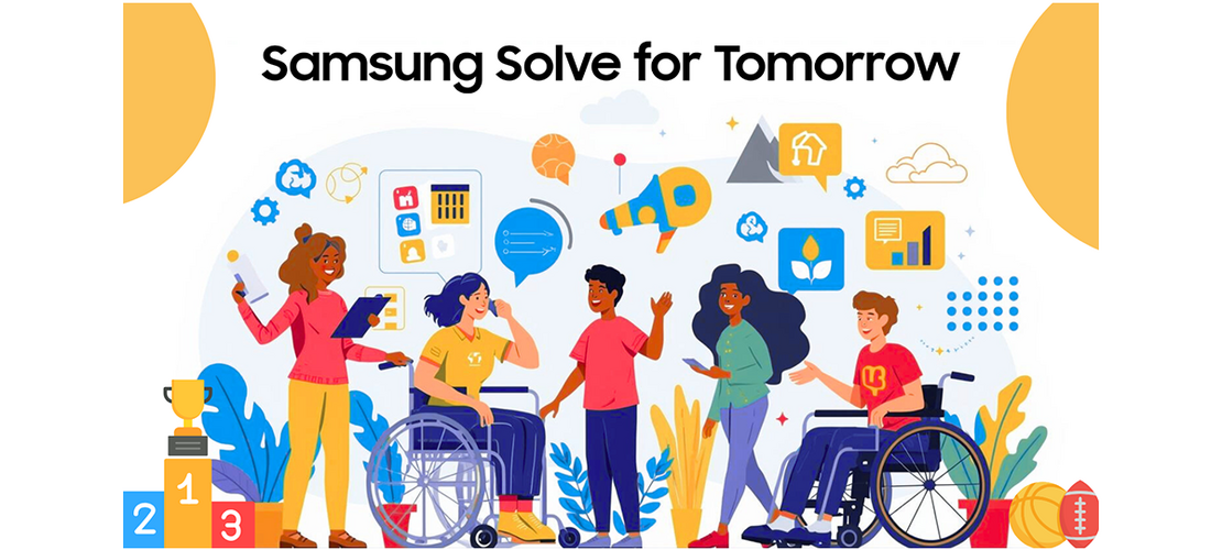 Samsung Solve for Tomorrow Illustration von Jugendlichen, darunter zwei im Rollstuhl, die gemeinsam Ideen austauschen. Darüber steht der Schriftzug Solve For Tomorrow.