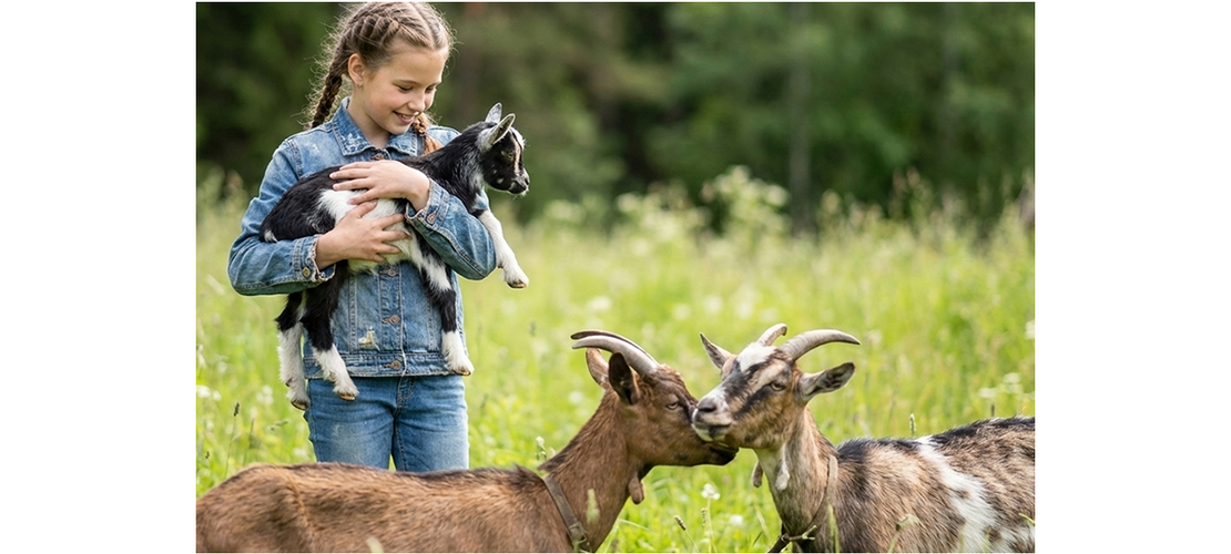 Mädchen hält ein Zicklein auf einer Wiese, während zwei Ziegen vor ihr stehen.