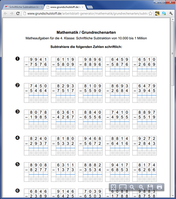 Arbeitsblatt Subtraktion