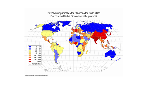Grafik zur Bevölkerungsdichte der Staaten der Erde 2021