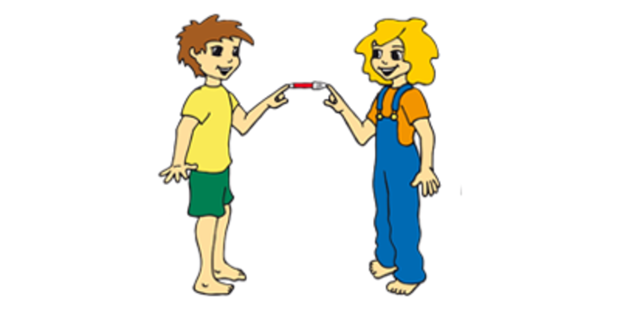 Junge und Mädchen halten einen Stift an den Fingerspitzen aneinander