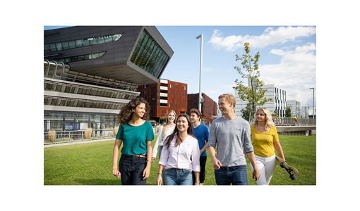 Sechs junge Erwachsene gehen über eine Wiese vor modernen Universitätsgebäuden und unterhalten sich.