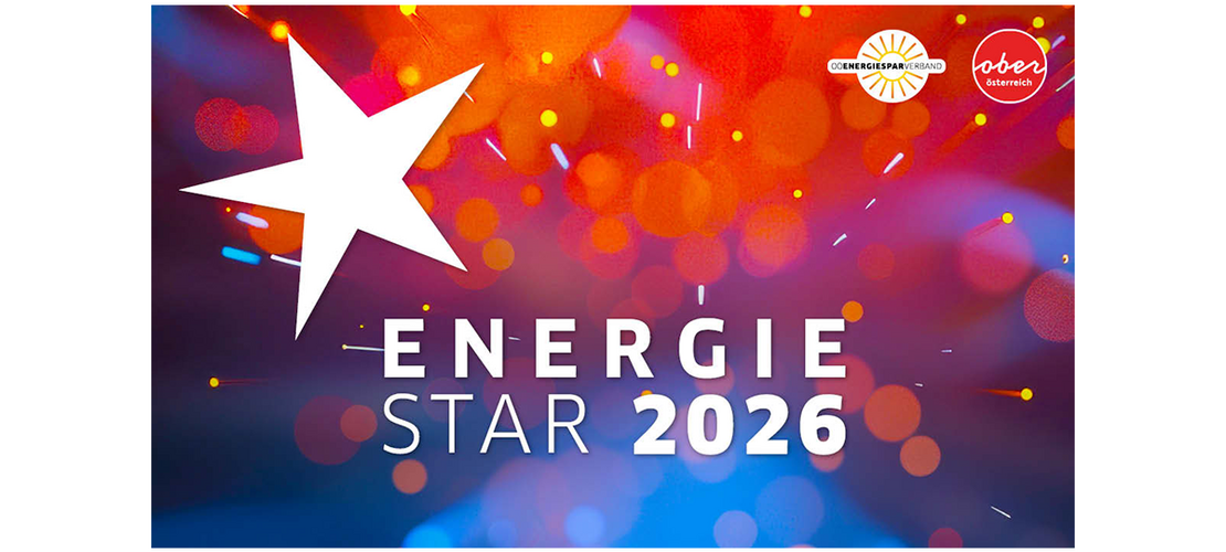 Ein großer Stern strahlt scharf umrissen vor einem warmen, flimmernden Hintergrund, als würde man in Feuerwerksfunken blicken, darunter der Schriftzug „Energie Star 2026“.