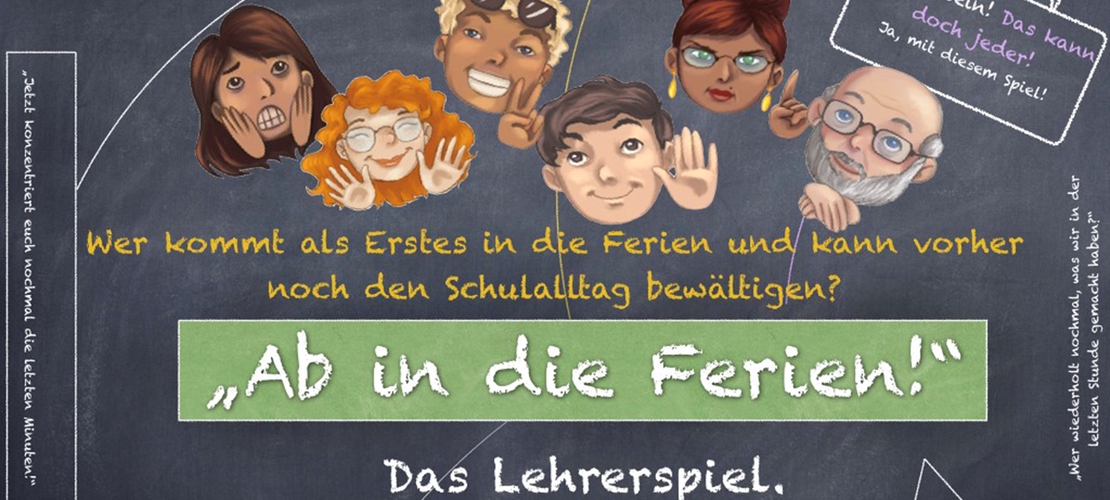 Grafik mit gezeichneten Lehrer-Köpfen und Text "Ab in die Ferien"