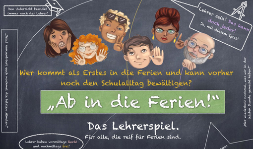 Grafik mit gezeichneten Lehrer-Köpfen und Text "Ab in die Ferien"