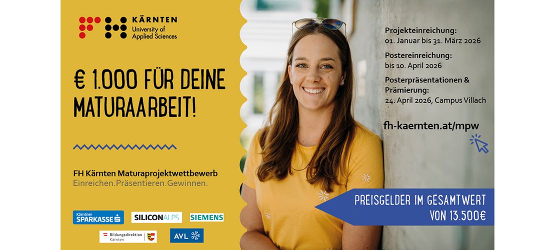 Ein gelbes Informationsplakat der FH Kärnten zeigt eine lächelnde Person vor einer Wand sowie Text zu einem Maturaprojektwettbewerb mit Einreichfristen und Preisgeld.