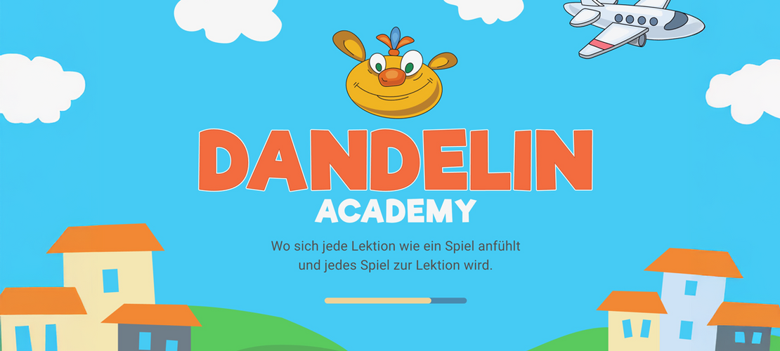 Einstiegsseite des Deutschlernprogramms Dandelin mit 8 Themen: Hallo!, Der heiße Kuchen, Bunte Farben, Gute Nacht, Meine Familie, Buchstaben, Zahlen, Wo ist?