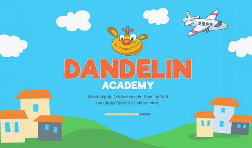 Einstiegsseite des Deutschlernprogramms Dandelin mit 8 Themen: Hallo!, Der heiße Kuchen, Bunte Farben, Gute Nacht, Meine Familie, Buchstaben, Zahlen, Wo ist?