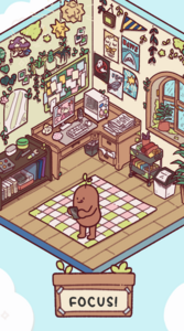 Eine gezeichnete Figur steht auf einer Matte in einem Zimmer mit Schreibtisch, Pflanzen und Postern und hält ein Handy in den Händen.