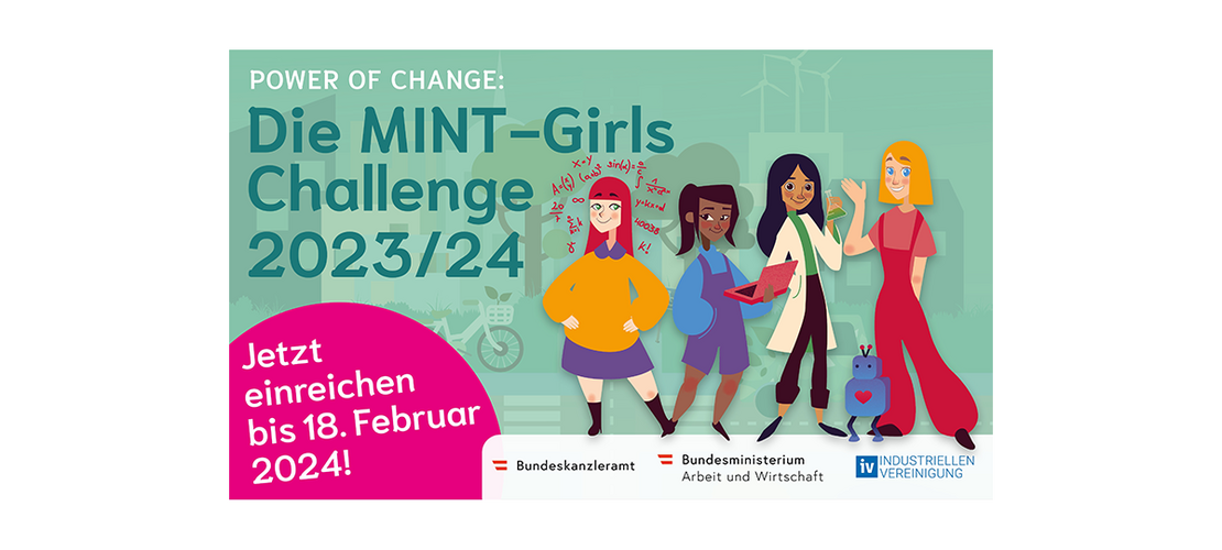 Poster zum Wettbewerb mit Text: Power of Change: Die MINT-Girls Challenge 2023/24