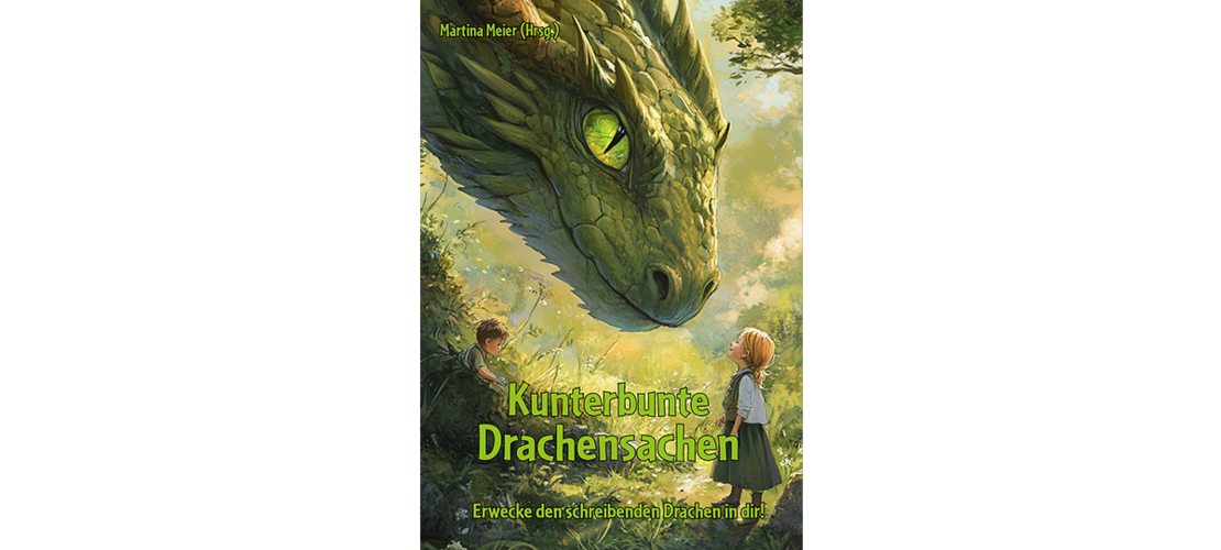 Ein riesiger grüner Drache blickt auf ein kleines Mädchen herab, das zu ihm hochlächelt. Ein kleiner Junge sitzt im Gras neben dem Drachen.