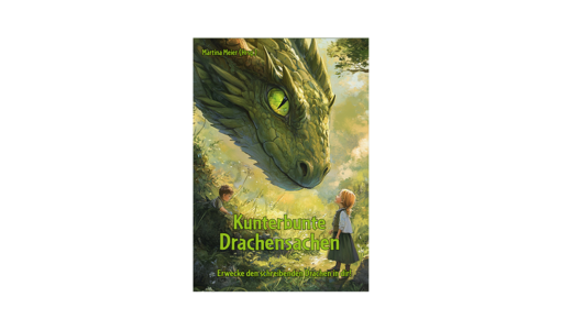 Ein riesiger grüner Drache blickt auf ein kleines Mädchen herab, das zu ihm hochlächelt. Ein kleiner Junge sitzt im Gras neben dem Drachen.