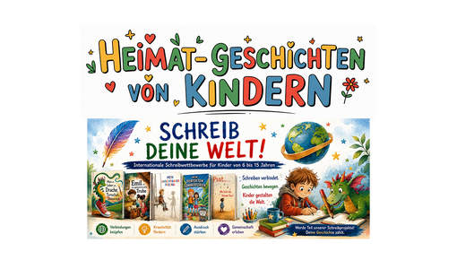 ©Papierfresserchens MTM-Verlag Bunte Grafik zu „Heimat-Geschichten von Kindern“ und dem internationalen Schreibwettbewerb „Schreib deine Welt!“, illustriert mit Büchern, einem schreibenden Kind und einem Drachen.