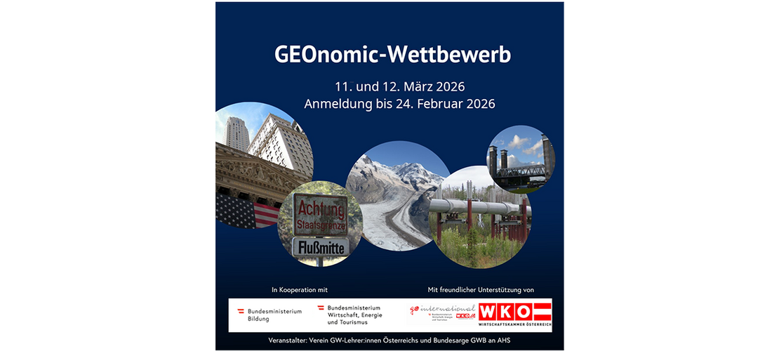 GeonomicAward_2025-26 Plakat für den Wettbewerb mit einer Collage von Szenen: New Yorker Börse, Warnschild an der Staatsgrenze, vereiste Bergstraße, Ölpipeline und eine Eisenbahnbrücke