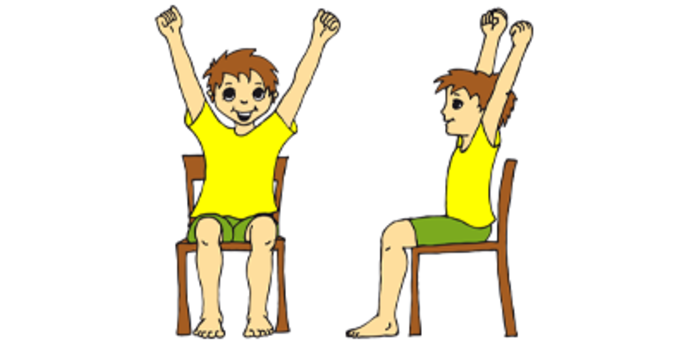 illustrierter Junge sitzt auf Stuhl und streckt Hände hoch