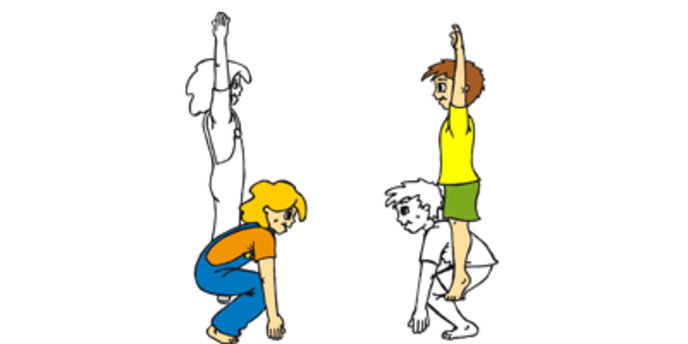 illustriertes Mädchen und Junge machen die Übung vor