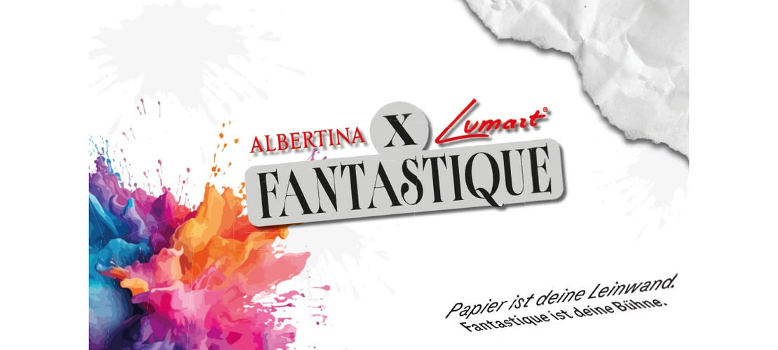Grafik mit dem Schriftzug „Albertina x Lumart Fantastique“ sowie bunten Farbexplosionen und dem Slogan „Papier ist deine Leinwand. Fantastique ist deine Bühne.“