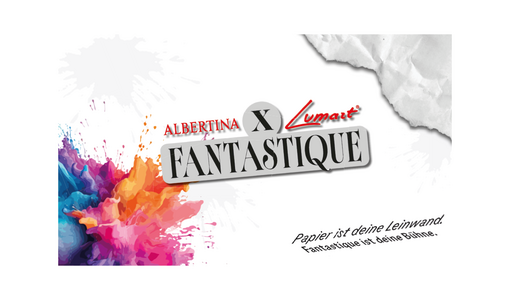Grafik mit dem Schriftzug „Albertina x Lumart Fantastique“ sowie bunten Farbexplosionen und dem Slogan „Papier ist deine Leinwand. Fantastique ist deine Bühne.“