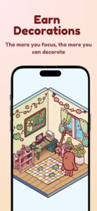 Eine Illustration zeigt einen Smartphone-Bildschirm mit einem Zimmer voller Deko, einer gezeichneten Figur und dem Text „Earn Decorations“.