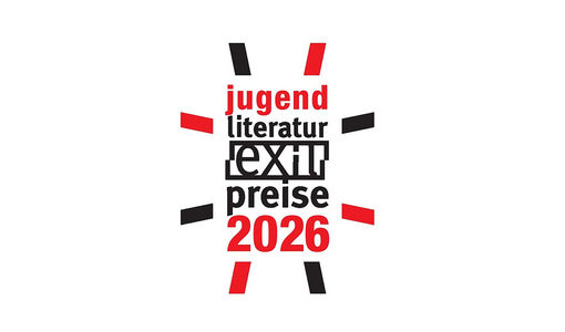 Grafik mit dem Text „jugend literatur exil preise 2026“ in Schwarz und Rot, umgeben von abstrakten Linien.