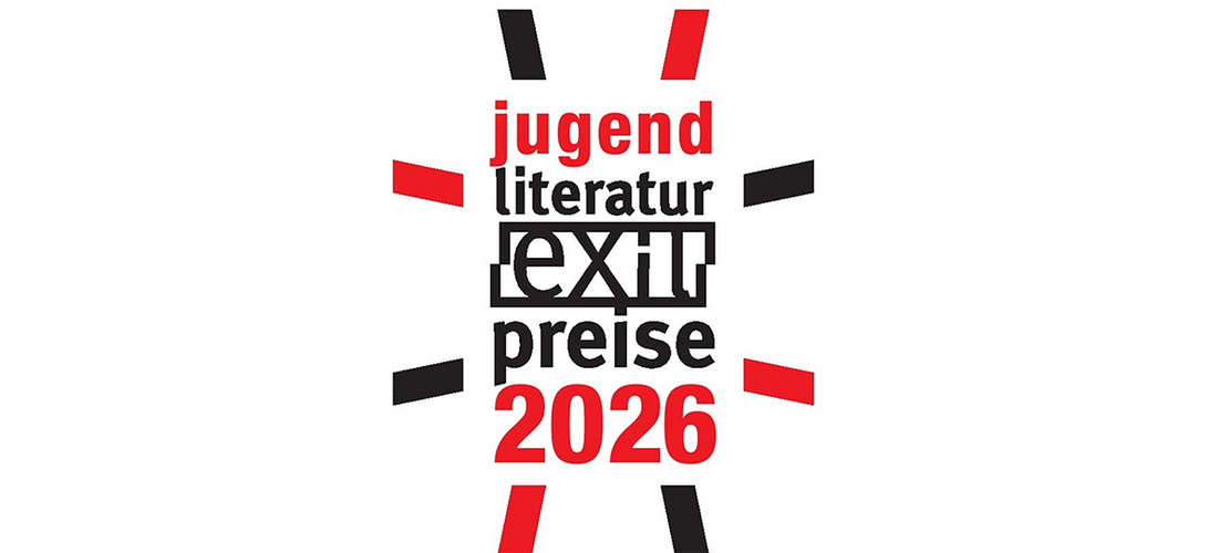 Grafik mit dem Text „jugend literatur exil preise 2026“ in Schwarz und Rot, umgeben von abstrakten Linien.