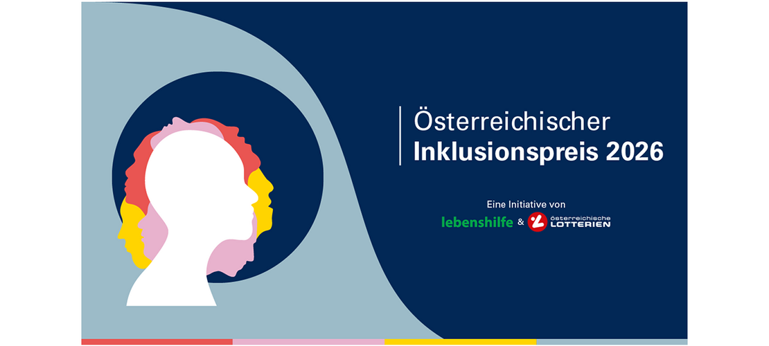 Grafik zum Österreichischen Inklusionspreis 2026 mit mehreren farbigen Profil-Silhouetten und den Logos von Lebenshilfe und Österreichischen Lotterien.