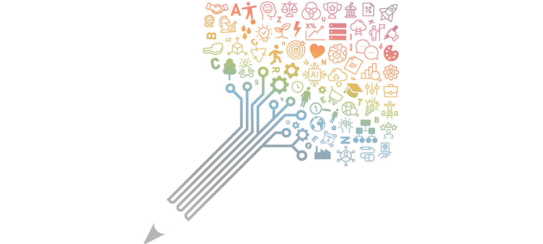 Ein grauer Stift zeichnet nach oben viele bunte Symbole aus Bildung, Technik und Alltag in einer wolkenähnlichen Form.