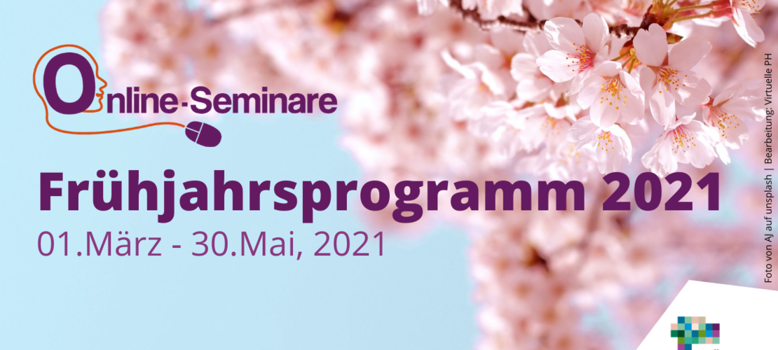 blühender Kirschenzweig mit dem Text: Online-Seminare Frühjahrsprogramm 2021