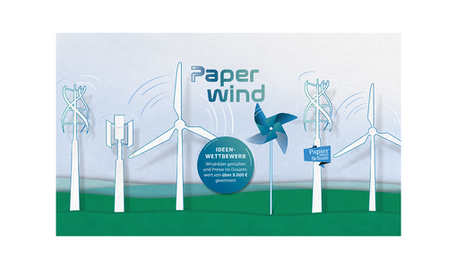 Plakat des Ideenwettbewerbs „Paperwind“ mit stilisiertem Windrad aus Papier, Windkraftmotiven und Hinweisen auf Preise im Gesamtwert von über 5.000 Euro.