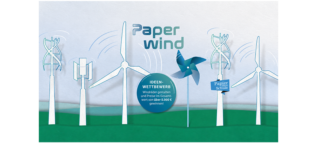 Plakat des Ideenwettbewerbs „Paperwind“ mit stilisiertem Windrad aus Papier, Windkraftmotiven und Hinweisen auf Preise im Gesamtwert von über 5.000 Euro.