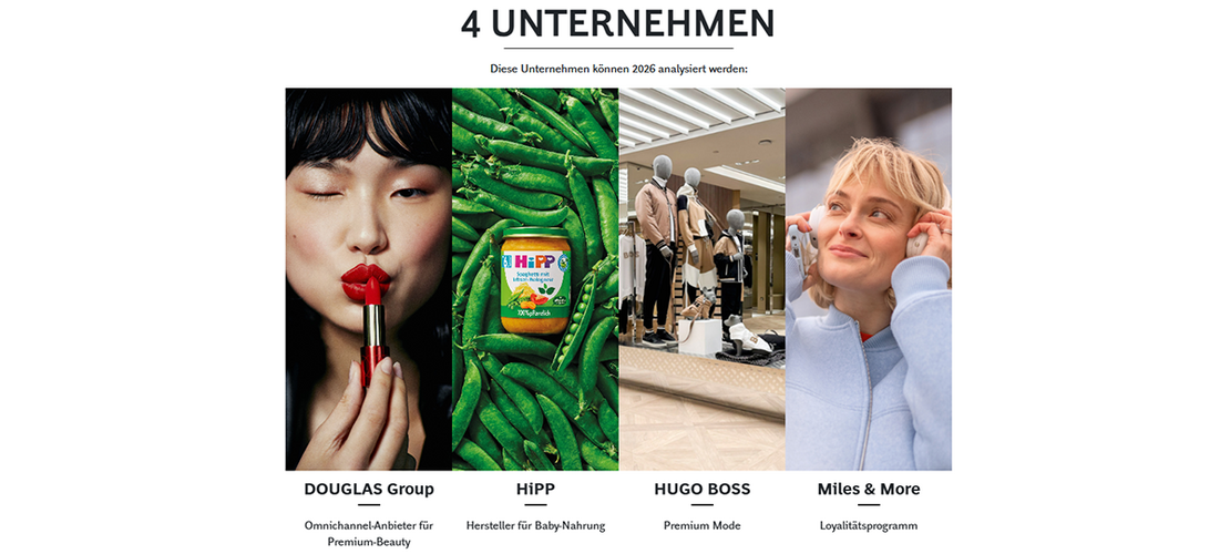 Vier Bildausschnitte zeigen eine Person mit Lippenstift, ein Glas Babynahrung zwischen grünen Schoten, Schaufensterpuppen in einem Modegeschäft und eine Person mit Kopfhörern, darüber steht die Überschrift „4 Unternehmen“.