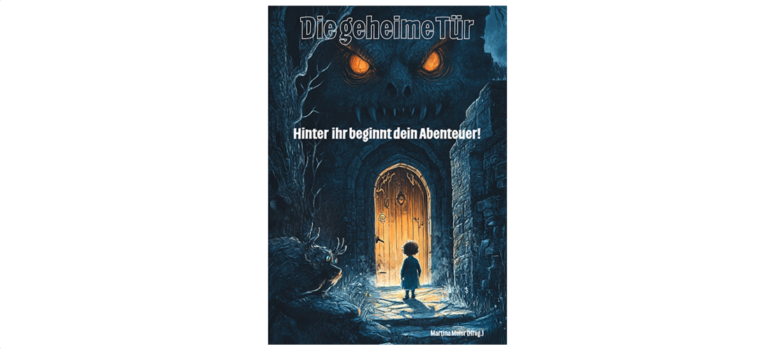 Cover Die geheime Tür Zeichnung eines Kindes, das vor einer geheimnisvollen Tür steht, die wie ein Gesicht aussieht.