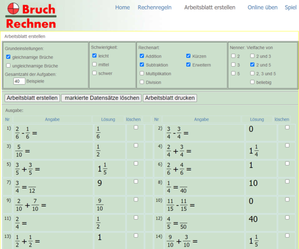 Bruchrechengenerator: Arbeitsblatt generieren