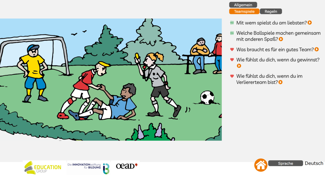 Illustration eines Fußballspiels mit Kindern; rechts stehen Fragen zu Teamarbeit, Gewinnen und Verlieren.