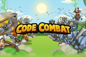 Comicartige Szene mit kämpfenden Ritterfiguren auf beiden Seiten und großem Schriftzug Code Combat in der Mitte.
