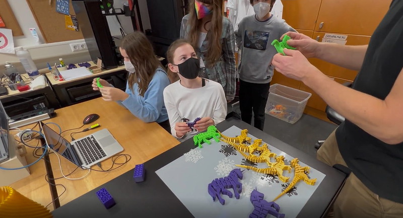 4 Schüler arbeiten an 3D gedruckten Tieren